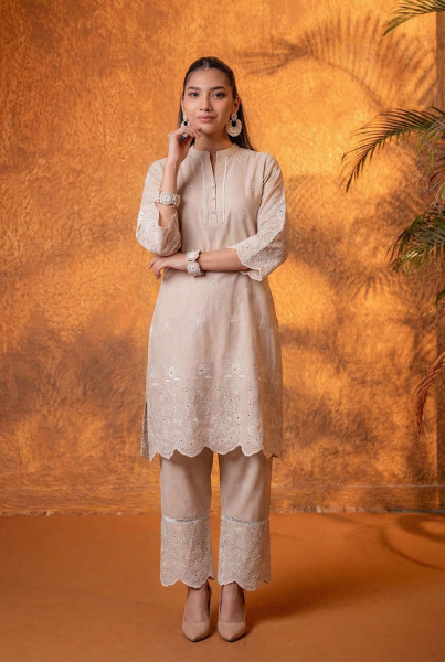 Camel Dune Tonal Schiffli Kurta Set