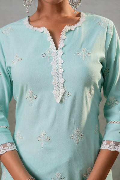 Mint Noor Scallop Schiffli Kurta Set