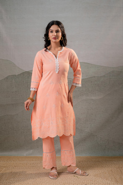 Peach Noor Scallop Schiffli Kurta Set