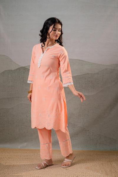 Peach Noor Scallop Schiffli Kurta Set