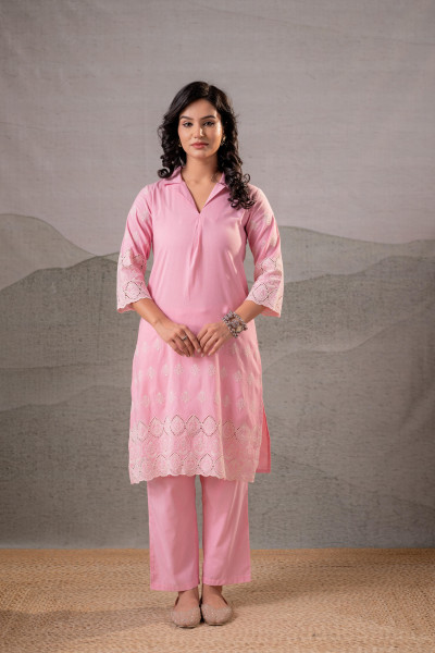 Blush Schiffli Panel Kurta Set