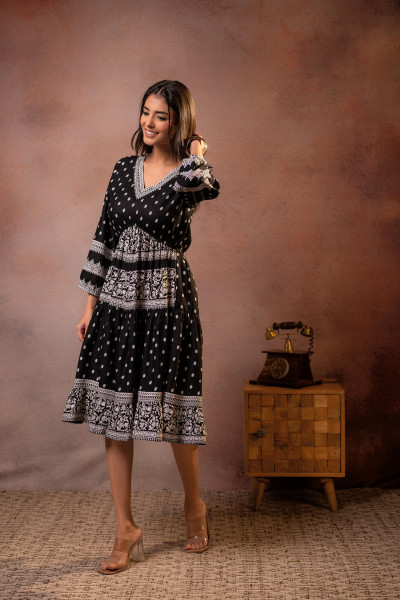 Noir Folk Printed Flare Dress