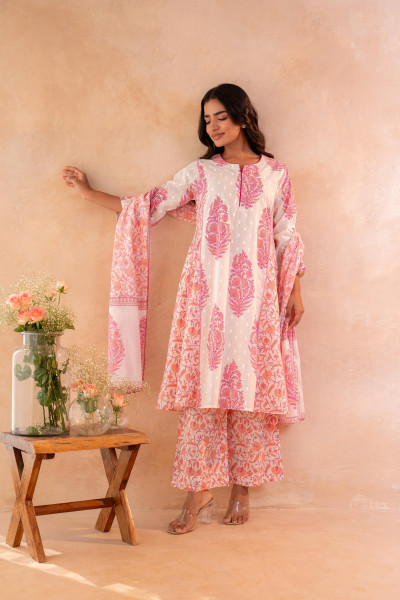 Ivory Aqua Floral Printed A-Line Kurta Set with Coordinated Dupatta