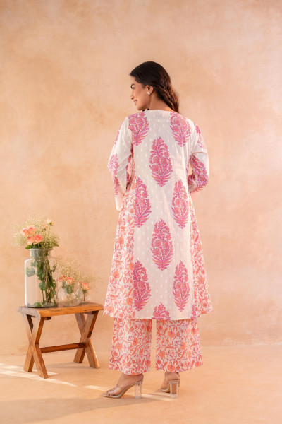 Ivory Aqua Floral Printed A-Line Kurta Set with Coordinated Dupatta
