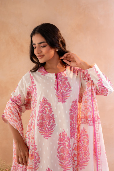 Ivory Aqua Floral Printed A-Line Kurta Set with Coordinated Dupatta