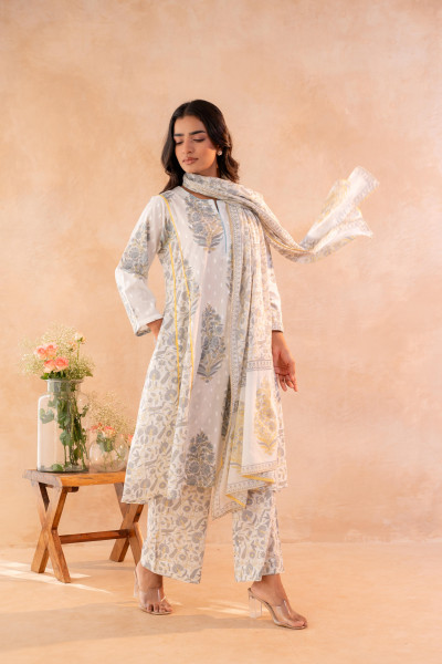 Ivory Aqua Floral Printed A-Line Kurta Set with Coordinated Dupatta