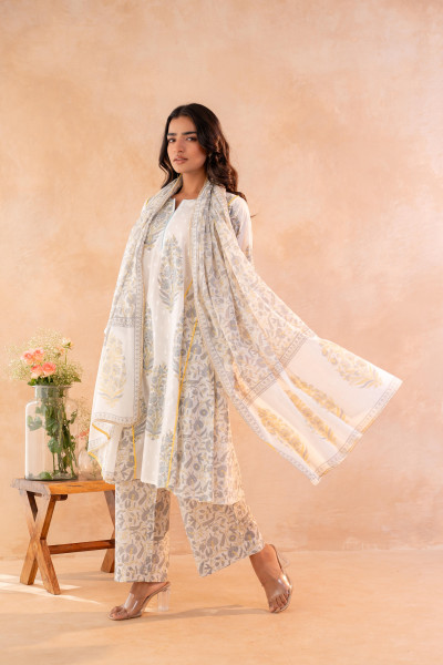 Ivory Aqua Floral Printed A-Line Kurta Set with Coordinated Dupatta