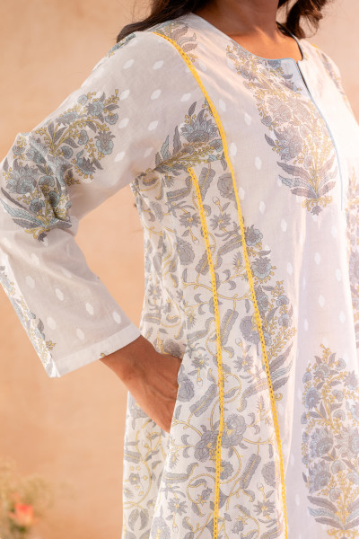 Ivory Aqua Floral Printed A-Line Kurta Set with Coordinated Dupatta