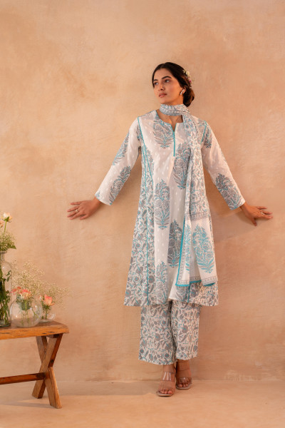 Ivory Aqua Floral Printed A-Line Kurta Set with Coordinated Dupatta