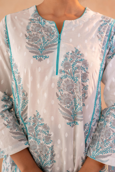 Ivory Aqua Floral Printed A-Line Kurta Set with Coordinated Dupatta