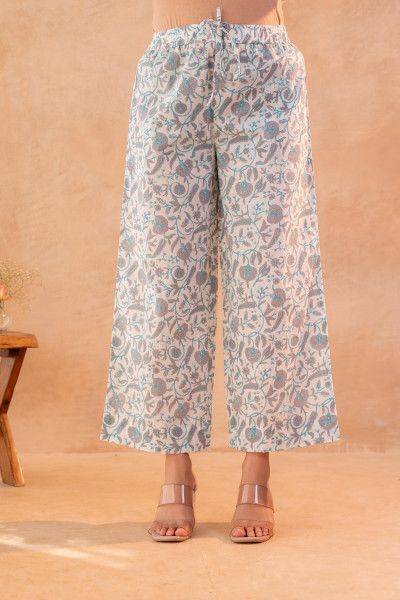 Ivory Aqua Floral Printed A-Line Kurta Set with Coordinated Dupatta