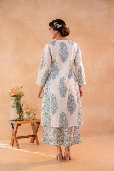 Ivory Aqua Floral Printed A-Line Kurta Set with Coordinated Dupatta