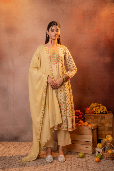 Yellow Floral Printed Anarkali Kurta Set with Embroidered Yoke &amp; Dupatta