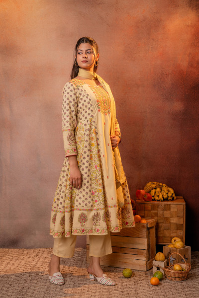 Yellow Floral Printed Anarkali Kurta Set with Embroidered Yoke & Dupatta