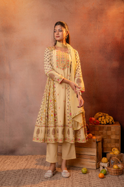Yellow Floral Printed Anarkali Kurta Set with Embroidered Yoke & Dupatta