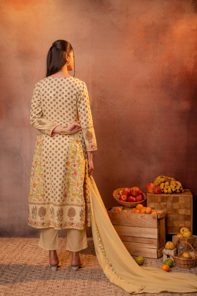 Yellow Floral Printed Anarkali Kurta Set with Embroidered Yoke & Dupatta