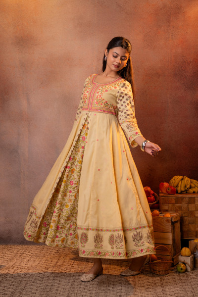 Buttercream Yellow Floral Printed Anarkali Slit Dress