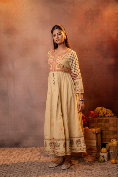 Buttercream Yellow Floral Printed Anarkali Slit Dress
