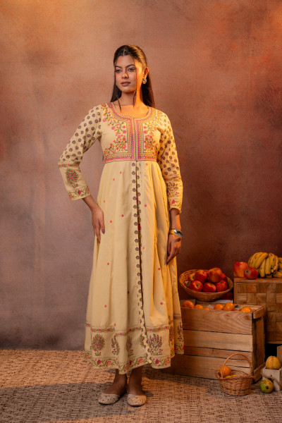 Buttercream Yellow Floral Printed Anarkali Slit Dress