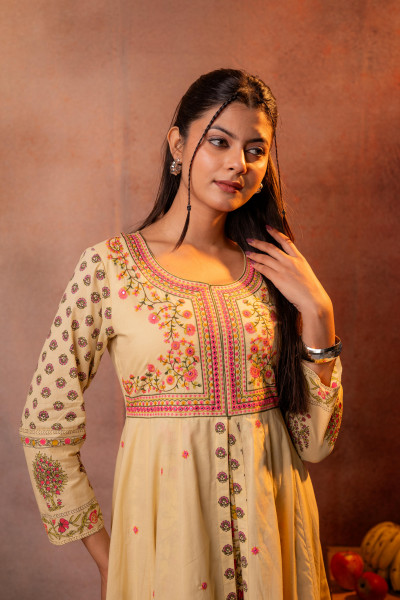Buttercream Yellow Floral Printed Anarkali Slit Dress