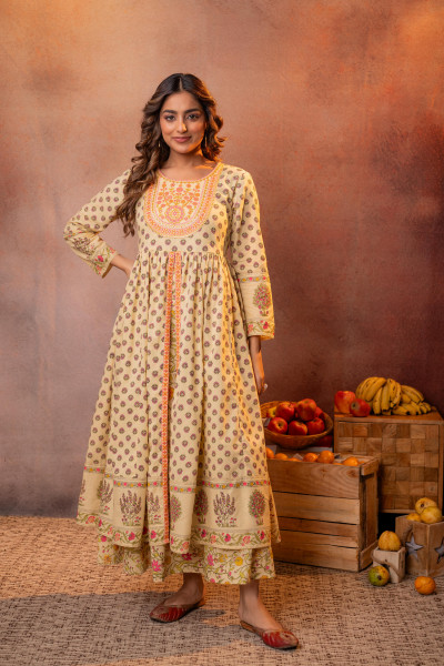 Buttercream Yellow Floral Printed Anarkali Dress