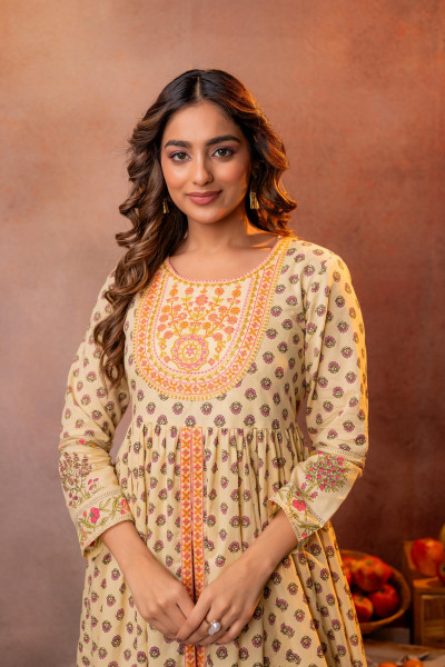 Buttercream Yellow Floral Printed Anarkali Dress