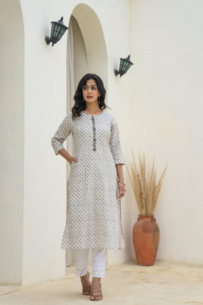 Grey Floral Printed Cotton Kurta with Thread