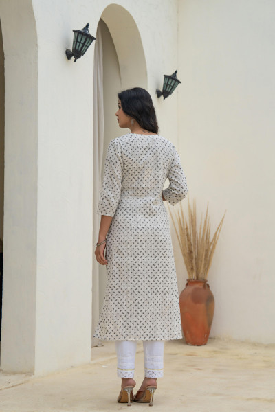 Grey Floral Printed Cotton Kurta with Thread