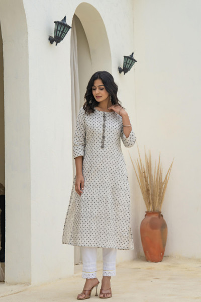 Grey Floral Printed Cotton Kurta with Thread