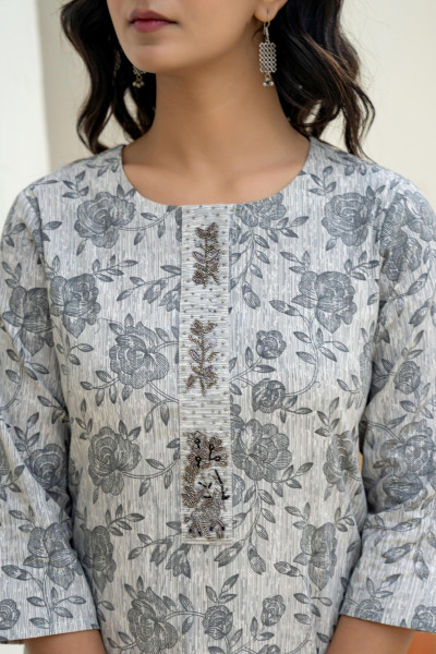 Grey Floral Printed Cotton Kurta with Beads Work