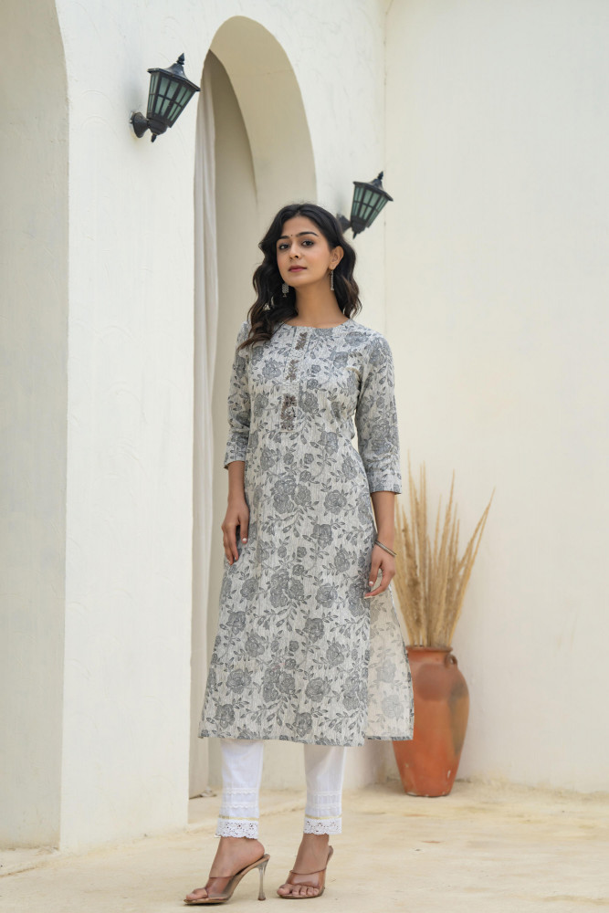 Grey Floral Printed Cotton Kurta with Beads Work