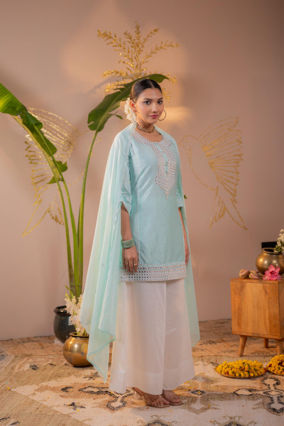 Powder Blue mirror work Embroidered Kurta Set with Dupatta