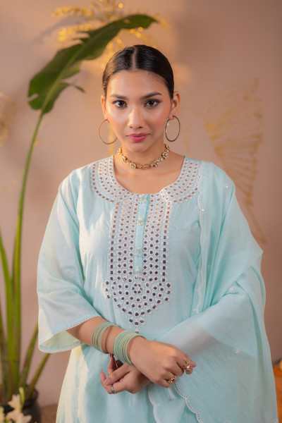 Powder Blue mirror work Embroidered Kurta Set with Dupatta
