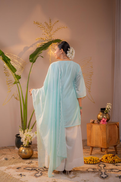 Powder Blue mirror work Embroidered Kurta Set with Dupatta