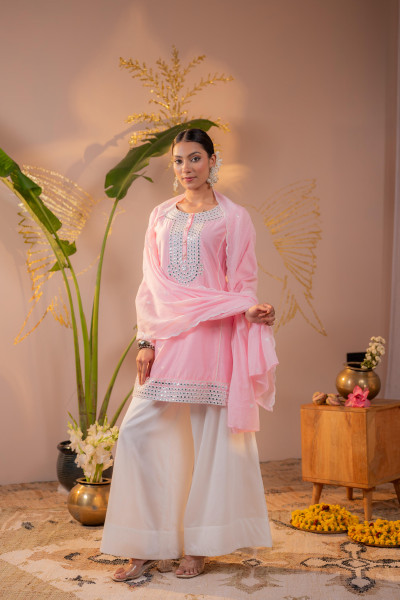 Pink Bloom mirror work Embroidered Kurta Set with Dupatta