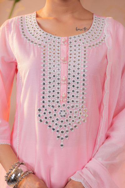 Pink Bloom mirror work Embroidered Kurta Set with Dupatta