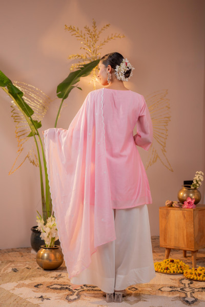 Pink Bloom mirror work Embroidered Kurta Set with Dupatta