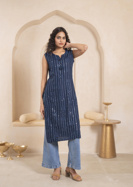 "Navy Geometric Embroidered Viscose Kurta with Mirror Work and Tassels"