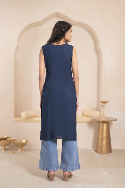 "Navy Geometric Embroidered Viscose Kurta with Mirror Work and Tassels"