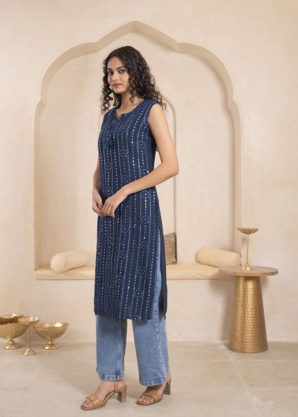 "Navy Geometric Embroidered Viscose Kurta with Mirror Work and Tassels"