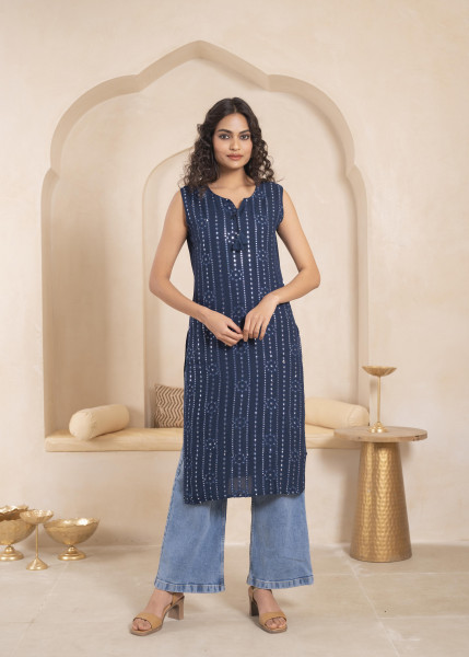 "Navy Geometric Embroidered Viscose Kurta with Mirror Work and Tassels"