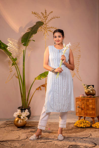 Light Blue Viscose Kurta Pant Set
