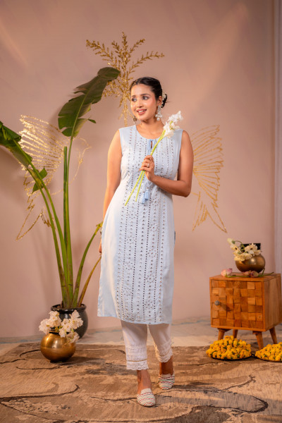 Light Blue Viscose Kurta Pant Set