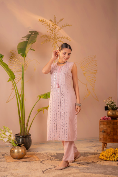 Pink Viscose Kurta Pant Set