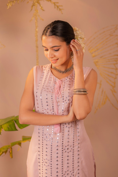 Pink Viscose Kurta Pant Set