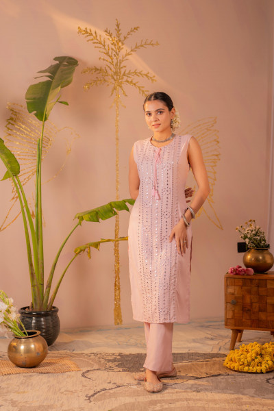 Pink Viscose Kurta Pant Set