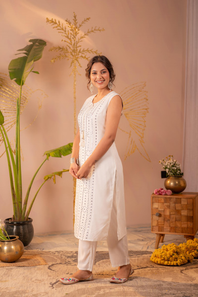 White Viscose Kurta Pant Set