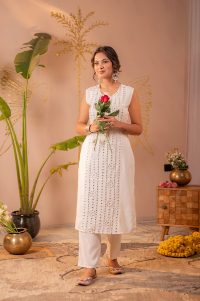 White Viscose Kurta Pant Set