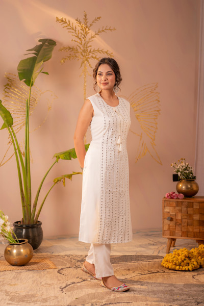 White Viscose Kurta Pant Set