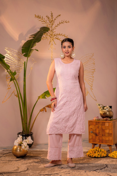 Peach Embroidered Viscose Kurta Pant Set
